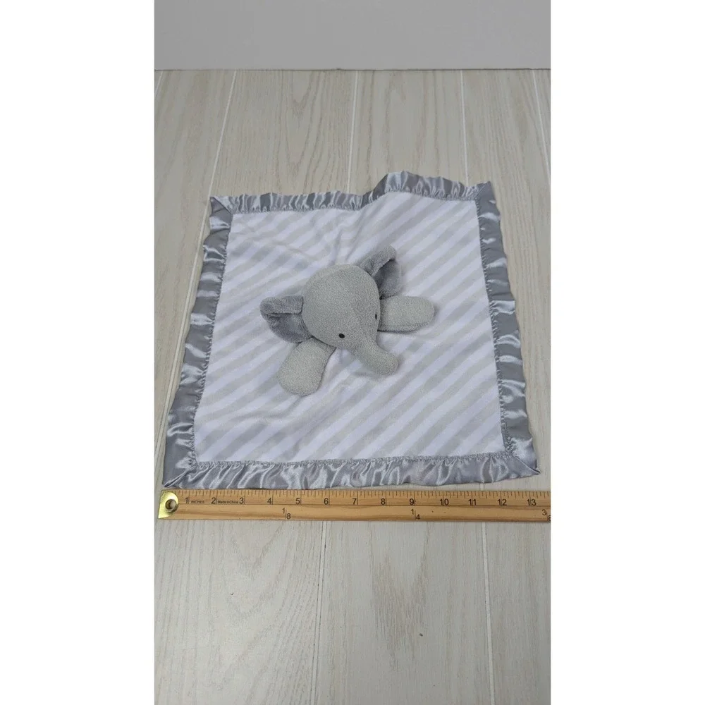 Cloud Island Elephant Security Blanket Gray White Striped Satin Trim Baby Lovey